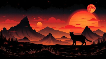 a wolf standing on top of a hill under a red sky with a full moon in the background and a mountain range in the foreground.