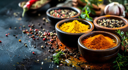 Colourful various herbs and spices for cooking on dark background. Indian cuisine. Pepper, salt, paprika, basil, turmeric
