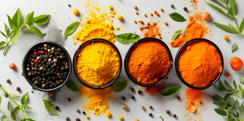 Colorful various herbs and spices for cooking on white background. Indian cuisine. Pepper, salt, paprika, basil, turmeric - Powered by Adobe