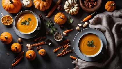 Two bowls of pumpkin soup with carrots and spices - obrazy, fototapety, plakaty