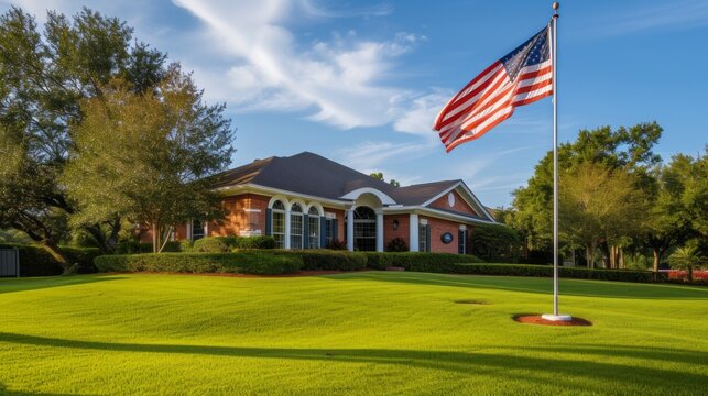 Cute American national home with the American flag flying proudly. American culture and patriotism concept