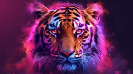 a close up of a tiger's face on a purple and pink background with a lot of light around it.