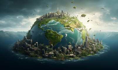 Obraz na płótnie Canvas Global disasters and pollution of planet earth background. Abandoned 3d buildings and factories pollute environment and worlds oceans with plastic and toxic waste