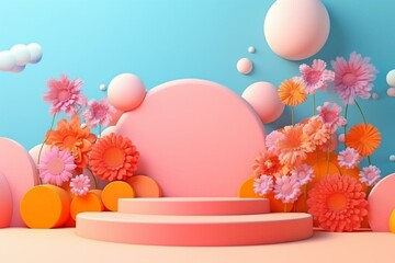 Colorful 3D platform decorated with balls, flowers, and space for text. Simple and playful advertising concept. Mockup of steps podium. Generative AI