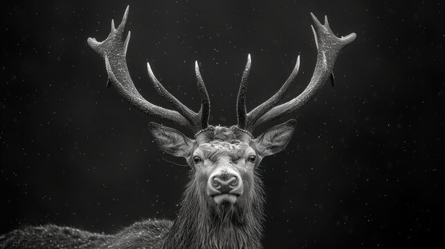 a black and white photo of a deer with very large antlers on it's head and long horns.
