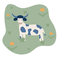 cute cow on a green spot with flowers
