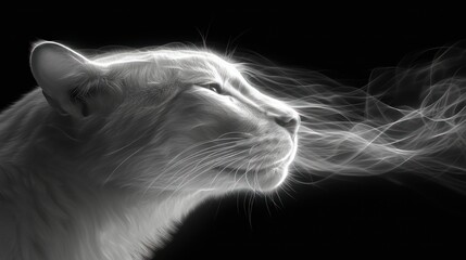 a close up of a cat's face with smoke coming out of the cat's face and a black background. - obrazy, fototapety, plakaty