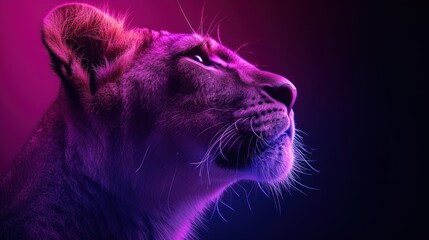 a close up of a lion's face on a purple and blue background with a pink light behind it.