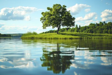 Green tree on grassy lake in daylight
