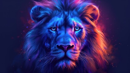 a close up of a lion's face with a blue, red, and orange light in the background.