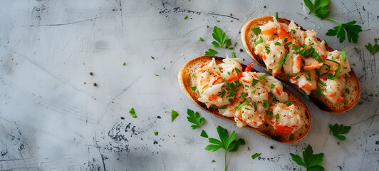 Crab meat crostini with parsley and a hint of red pepper on a stone surface. Copy space, banner
