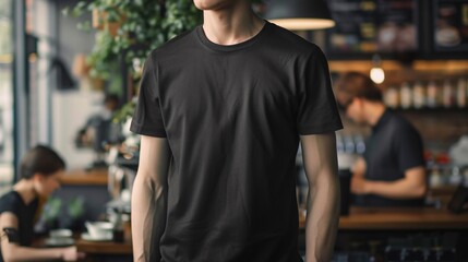 Young Model Shirt Mockup, man wearing black t-shirt in coffee shop in daylight, Shirt Mockup Template on hipster adult for design print, Male guy wearing casual t-shirt mockup placement
