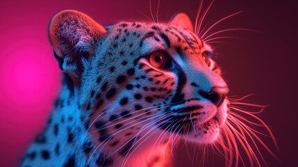 a close up of a cheetah's face with a pink and blue light in the back ground.