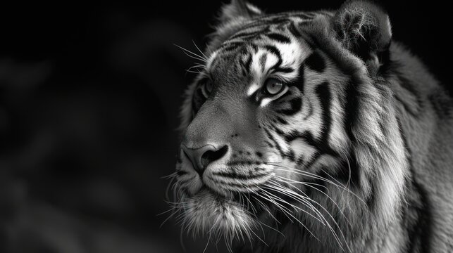 a black and white photo of a tiger's face with a blurry background of the tiger's head.