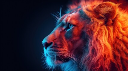 a close up of a lion's face with a blue and red light coming from it's eyes.