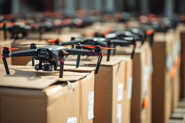 Fototapeta premium Endless rows of newly produced FPV drones in a factory setting, ready for deployment, underscore the vast production efforts that might support military operations in situations similar to the