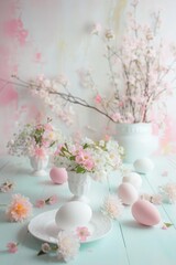 Naklejka na ściany i meble A Serene Spring Backdrop Featuring Pastel Flowers and Delicate Easter Eggs
