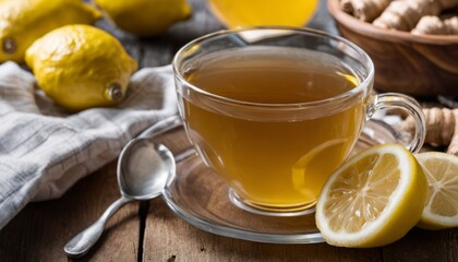 A glass of tea with lemon and a spoon