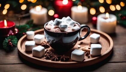 Obraz na płótnie Canvas A cup of hot chocolate with marshmallows and candles