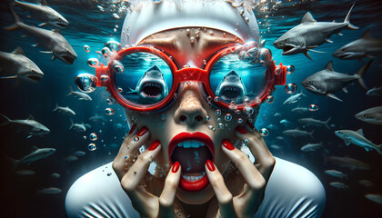 The picture shows a woman underwater, surprised, with sharks behind her, bubbles around her, wearing red glasses that show the approaching danger.Danger concept.AI generated. - obrazy, fototapety, plakaty