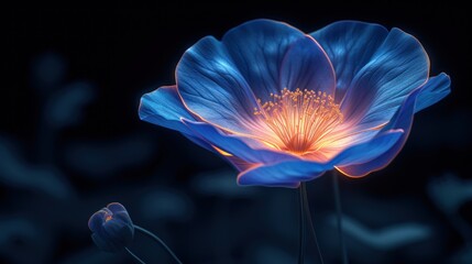 a close up of a blue flower on a black background with a blurry image of the center of the flower.