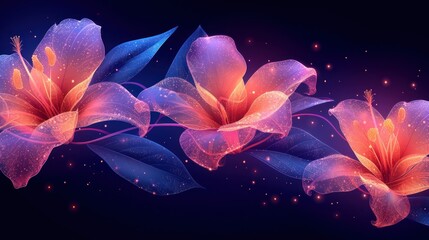 three pink flowers with blue leaves on a purple and blue background with sparkling stars and sparkles in the background.