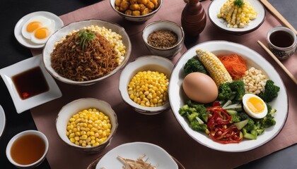 A table full of various foods including corn, broccoli, and eggs