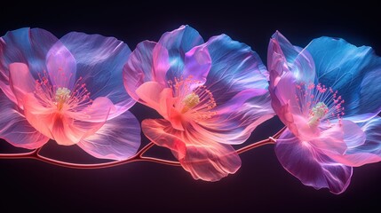 a group of pink and blue flowers on a black background with a pink stem in the middle of the picture.