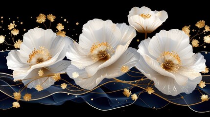 three white flowers with gold accents on a blue and gold wavy background with a black background and gold swirls.