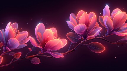 a branch of a plant with pink flowers on a dark background with a glowing light in the middle of the branch.