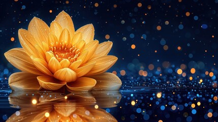 a yellow flower sitting on top of a body of water with drops of water on the ground next to it.