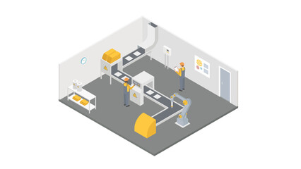 Conveyor belt in the logistics center concept. Warehouse staff working isometry. Sorting parcels vector illustration.