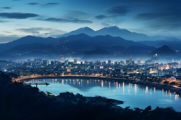 Busy city lights seen from the air in the evening