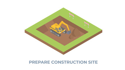Construction site with tractor isometric. Excavator moving with raised shovel during soil moving works. Vector illustration.