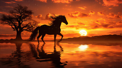 Majestic Horse Silhouette in Sunset Background Ai Generative