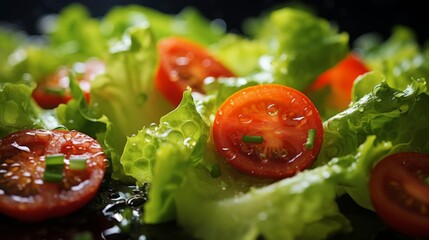 Crisp Salad with Juicy Tomato Slices and Fresh Basil on a Dark Surface