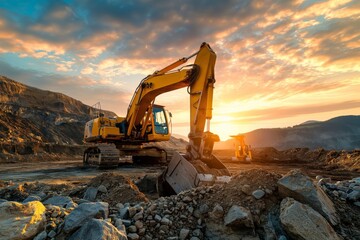 Yellow Excavator on Top of Pile of Rocks in background outdoor sunset sky