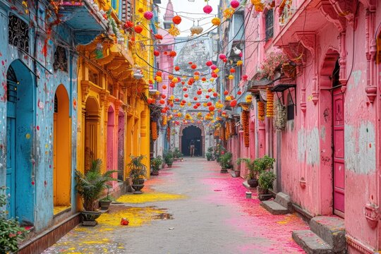 An empty street is bathed in the soft light of morning, its surface adorned with vibrant colors from the Holi festival, exuding a serene post-celebration atmosphere