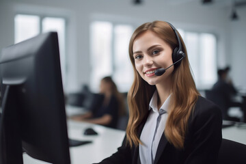 portrait of a woman call center operator with headphones