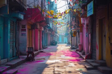 An empty street is bathed in the soft light of morning, its surface adorned with vibrant colors from the Holi festival, exuding a serene post-celebration atmosphere - obrazy, fototapety, plakaty