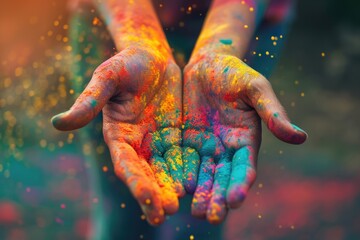 Open hands are presented forward, covered in a vibrant and colorful powder paint, capturing a moment of Holi festival celebration.. - obrazy, fototapety, plakaty