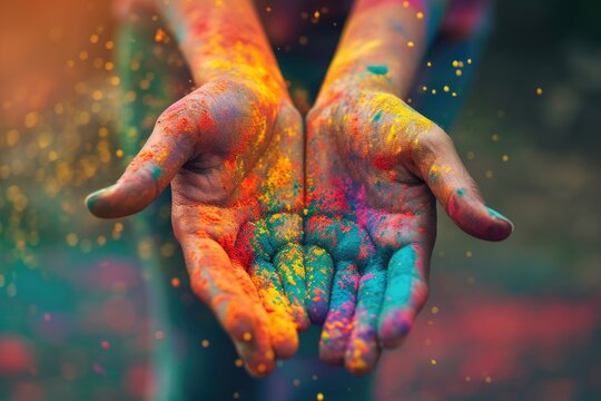 Open hands are presented forward, covered in a vibrant and colorful powder paint, capturing a moment of Holi festival celebration..