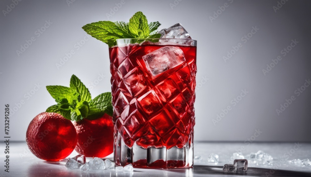 Canvas Prints A glass of red liquid with a sprig of mint and a wedge of lemon