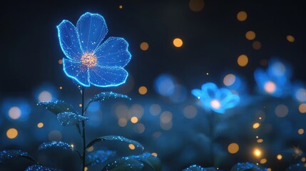 a close up of a blue flower on a blurry background with boke of lights in the foreground.