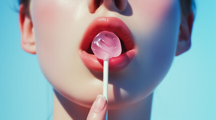 gros plan sur la bouche d'une femme qui tient une sucette contre ses lèvres - obrazy, fototapety, plakaty