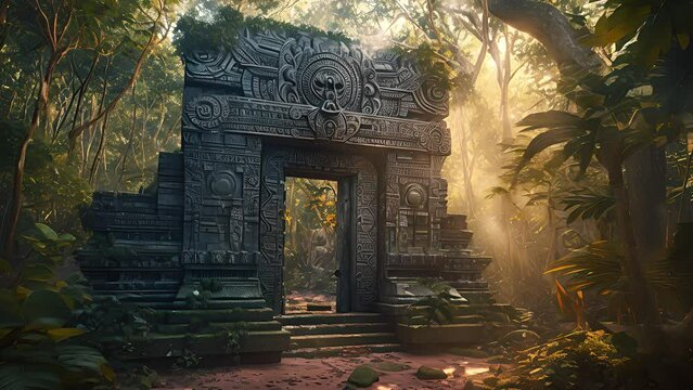 Mayan gate in the forest. Created with generative AI.