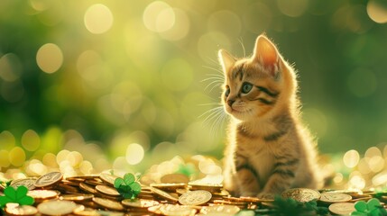 In this warm and whimsical image, a small kitten gazes thoughtfully into the distance, surrounded by an abundant scattering of coins that glisten in the sunlight. Various clover leaves are intersperse