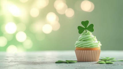 The image features a single cupcake with green frosting, garnished with a four-leaf clover topper, placed on a light surface with scattered shamrock confetti. The background is soft and blurred with b