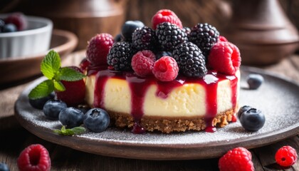 A slice of cheesecake with raspberries and blueberries on top - obrazy, fototapety, plakaty