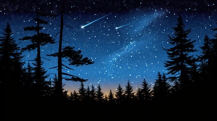 a night sky filled with stars and a shooting star in the middle of the night with trees in the foreground.